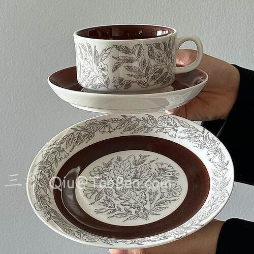 三秋Sanq覆古手作覆刻棕色木槿花餐具咖啡杯碟拿铁杯西餐盘早餐盘