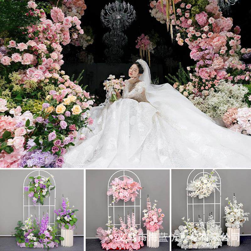 婚庆千代兰婚仿真系花排玫红色森订礼场景地排花布置地排花婚背景