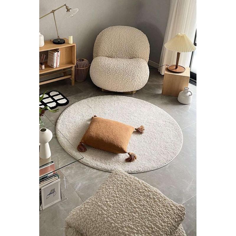 MIDOO 圆形地毯客厅卧室床边毯奶油风 全身镜纯色米白色家用垫子