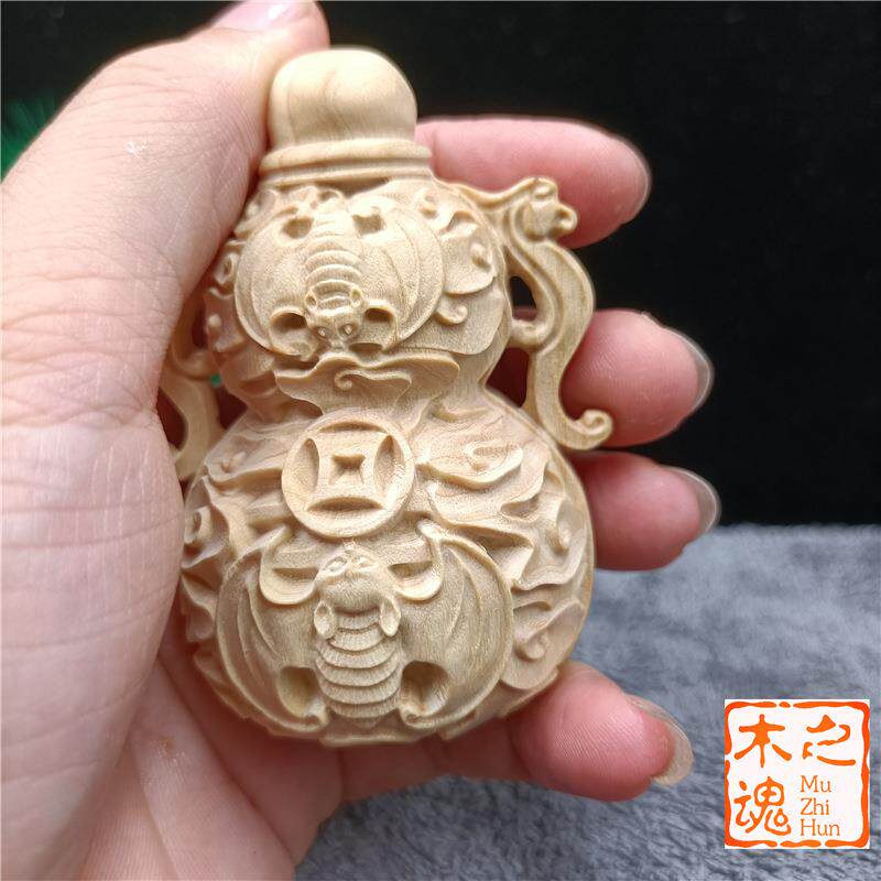 小黄杨木雕刻家居装随饰品身芦手FEH把件文玩茶宠小摆件蝙蝠叶葫