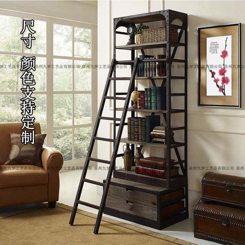 实木架铁艺实木满墙书架简约复古落地书柜客厅工业风多层置物架