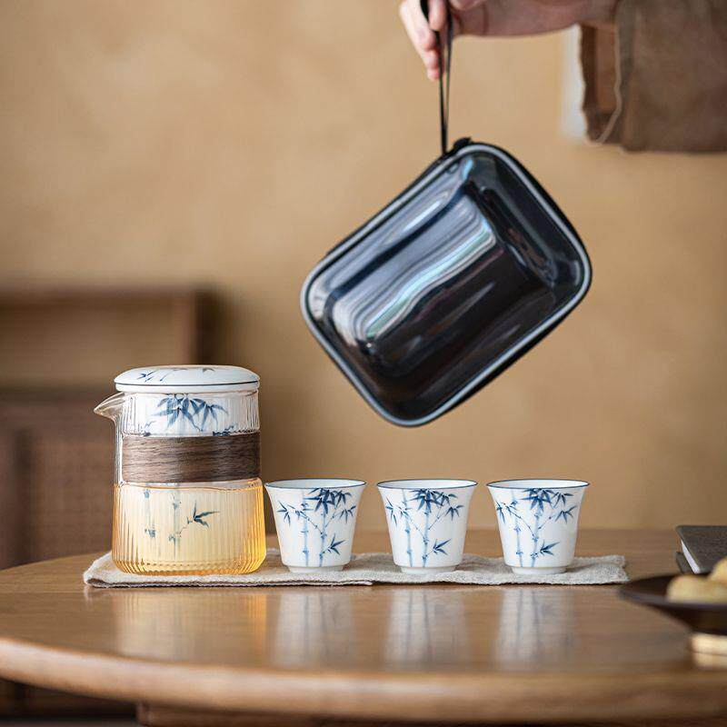 白瓷手绘竹子户外旅行茶具套装便携式一壶三杯陶瓷内胆玻璃快客杯
