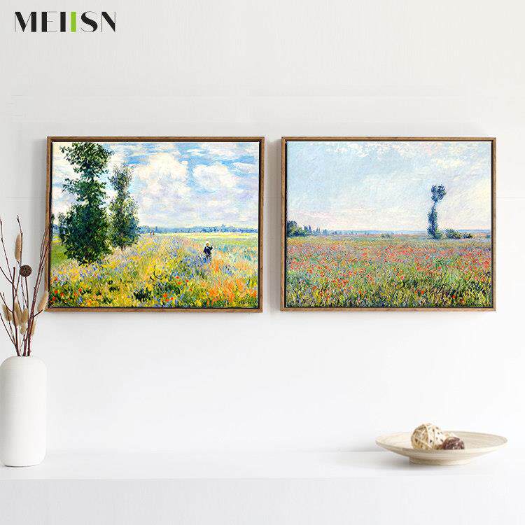 网红罂花田莫奈客装饰画三画连无框画装厅帆布画无框画餐厅墙上粟