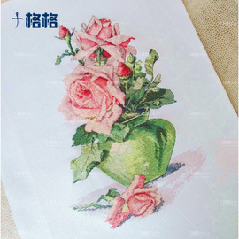 法国DMC十字绣套件印花 客厅 餐厅 挂画 花卉 碧玉琉璃粉玫瑰花瓶