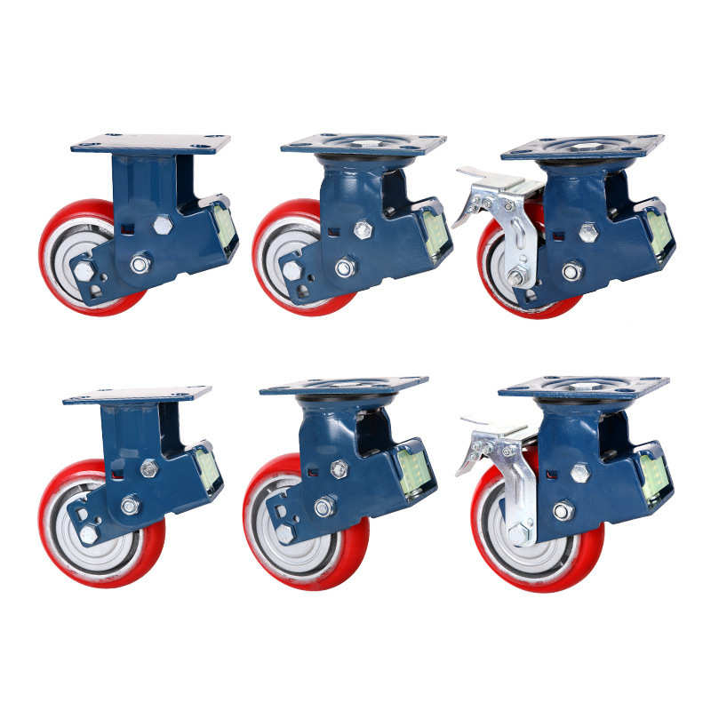 重型4568寸双弹簧减震PU脚轮 铁芯圆弧聚氨酯万向轮子带减震胶块