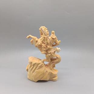 黄杨木跃马关公摆件实木雕刻武财神忠义关羽关二爷中式客厅装饰品