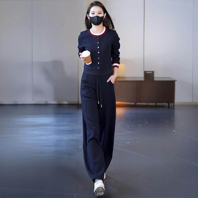 时尚休闲运动套装女2026春秋新款宽松显瘦圆领卫衣阔腿裤两件套潮