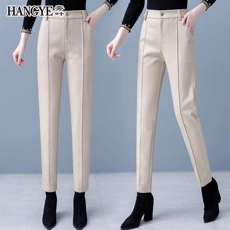 杏色毛呢西装裤女2025春秋新款高腰显瘦直筒九分休闲哈伦烟管裤子