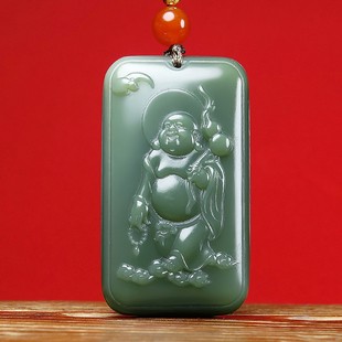 W1寓意：笑口常开和田玉细腻油润沙枣青笑佛吊坠挂件25.50克