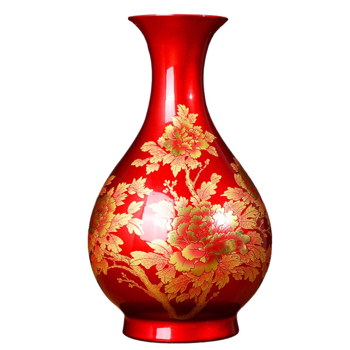 景德镇中国红描金牡丹花开富贵陶瓷花瓶红色婚庆摆件家居装饰摆件