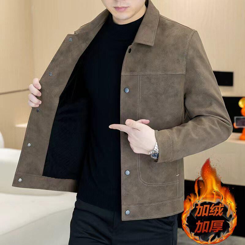 高级感鹿皮绒夹克男秋冬季2025新款加绒加厚休闲外套男翻领上衣服