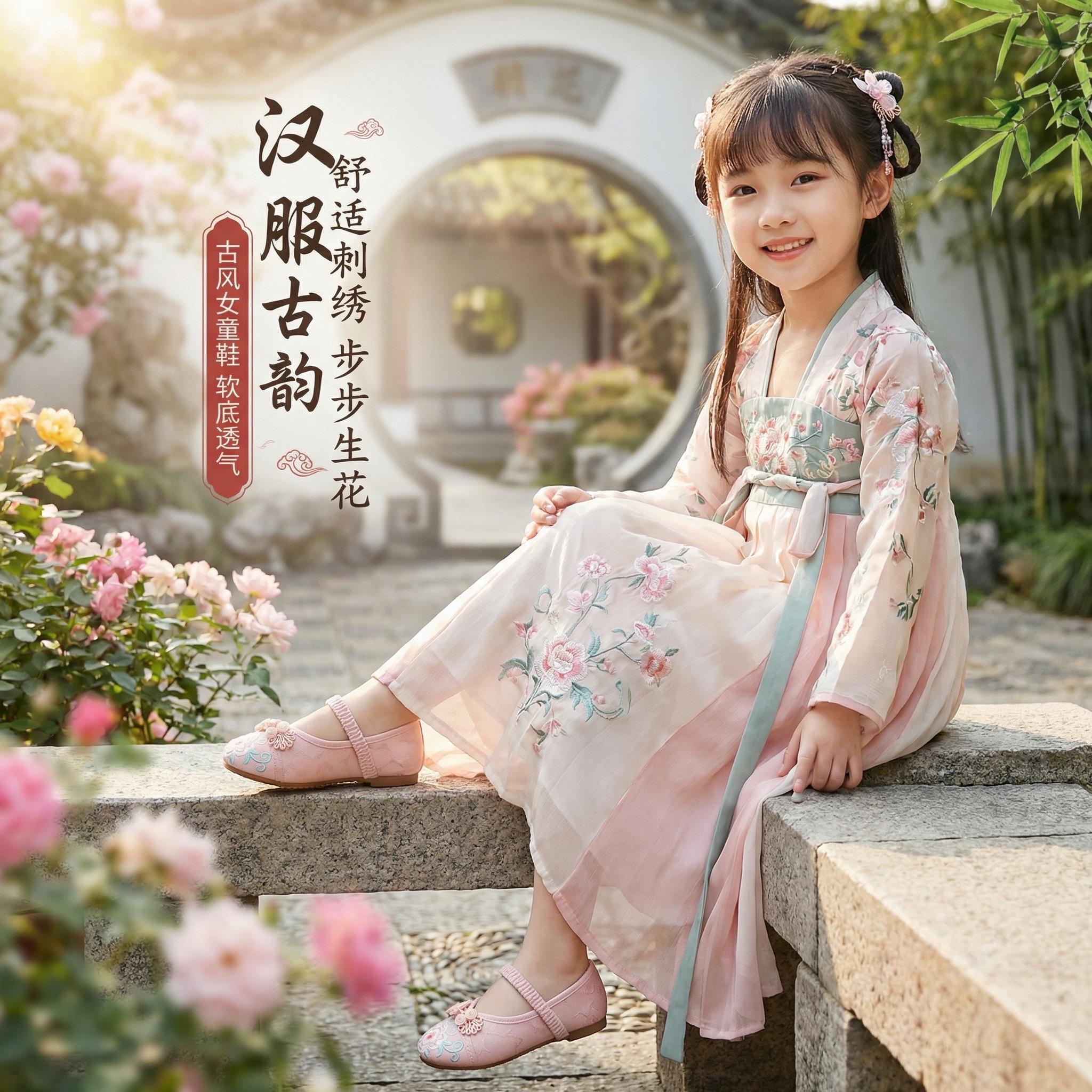 汉服鞋女款古风鞋儿童绣花鞋女童夏季国风布鞋新款民族风绣花鞋子图片
