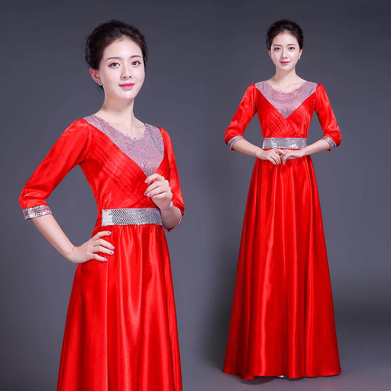 高档女合士修身合唱服长裙舞台唱团演出服唱歌一服装七红演歌合唱