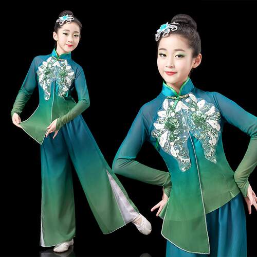 高档新款儿童古典新舞演出女服飘逸清淡雅扇子舞表伞舞秧歌舞蹈演