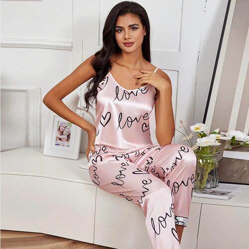 Women Satin Silk Pajamas Sets Letter Print Cami Vest Shirt W