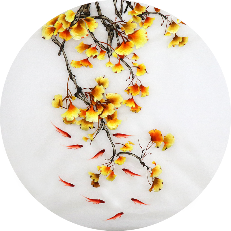 客厅玄关手工挂画鱼中式银杏简约装饰画真丝卧室苏绣圆形成品刺绣图片