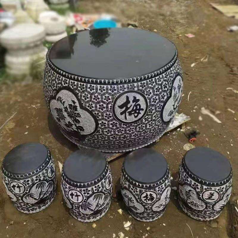 圆鼓石桌青石鼓形掏空雕花石桌石凳抛光大理石庭院茶几中式石桌