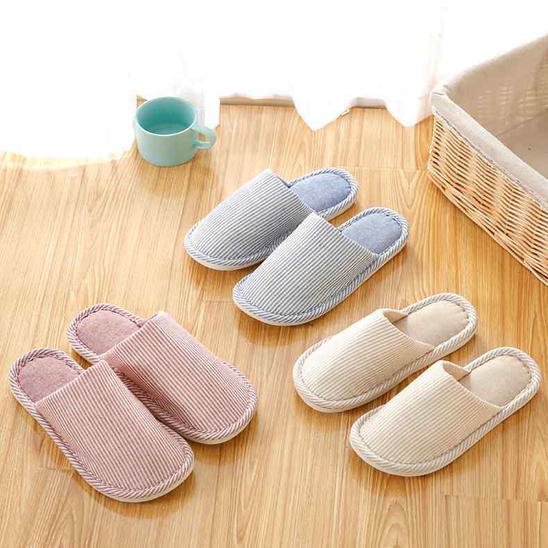 秋冬季日式居家居亚麻情侣室内地板月子男女防滑软底棉拖鞋