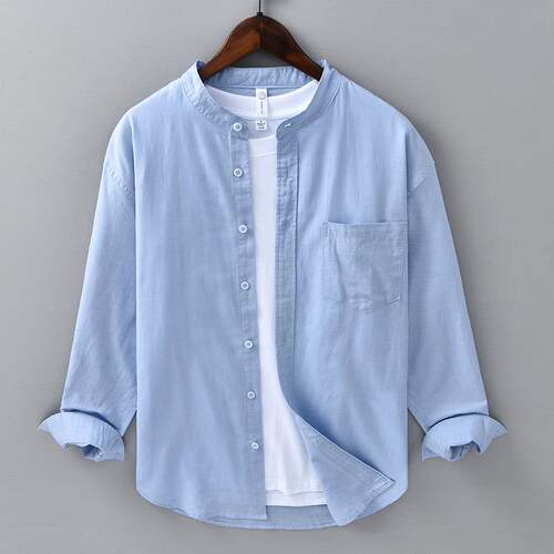 Long sleeved shirt men's standing collar cotton shirt