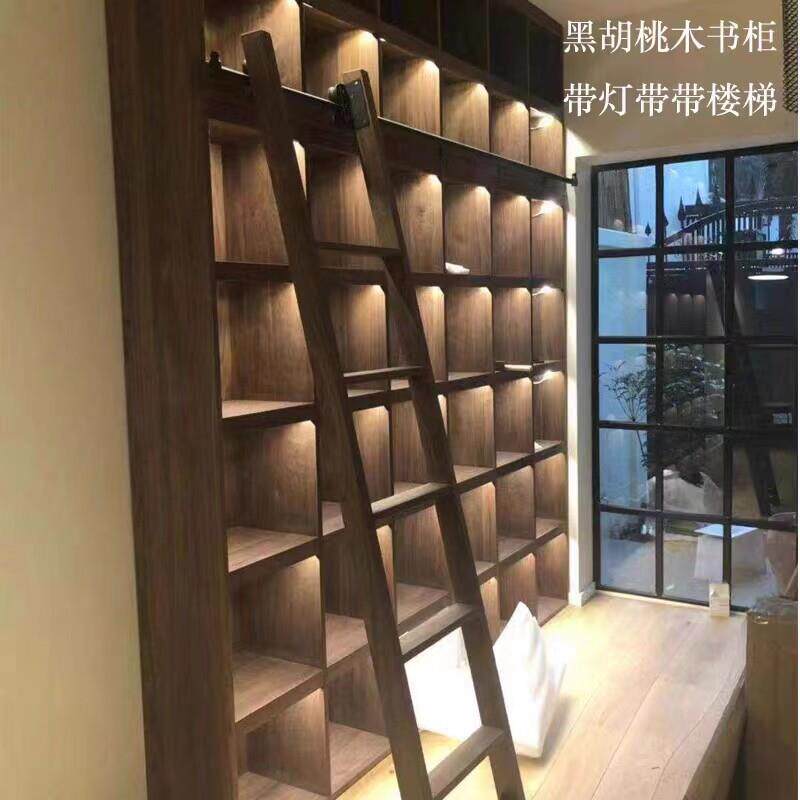 纯实木满墙落地书柜滑梯一体书架灯带书墙组合黑胡桃木书柜书架