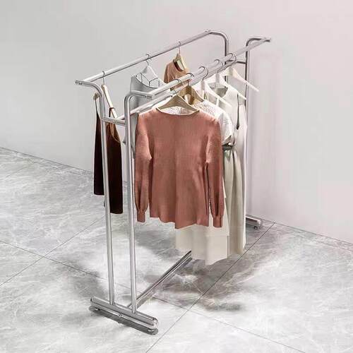 不锈钢展示落地中岛架男女童装双排挂衣服货架简约双杠落地架