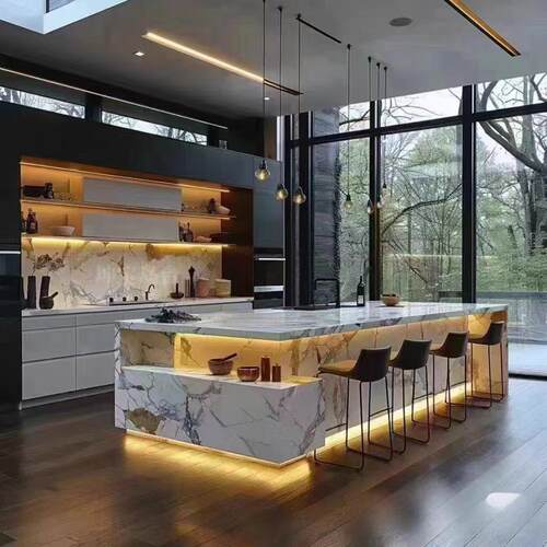 大理石岩板餐桌岛台定制水吧台一体柜商用茶水间吧台