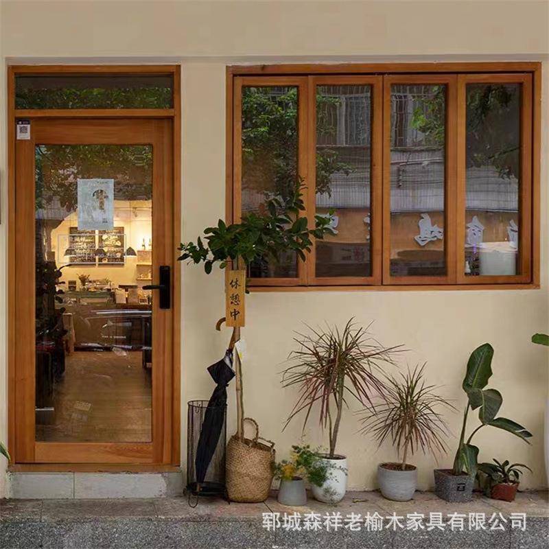 老榆木民宿甜品咖啡店折叠推拉窗玻璃门实木上下折叠窗花店店铺门