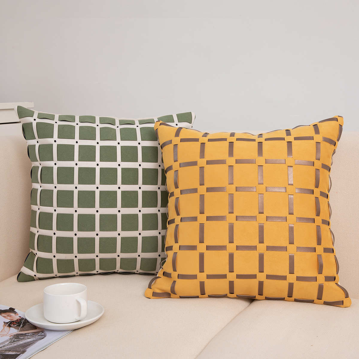 现代轻奢手工编织皮质抱枕客厅沙发靠枕软装设计师样板房靠包