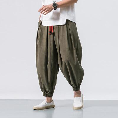 Men's lantern pants, cotton and linen bound leg pants,