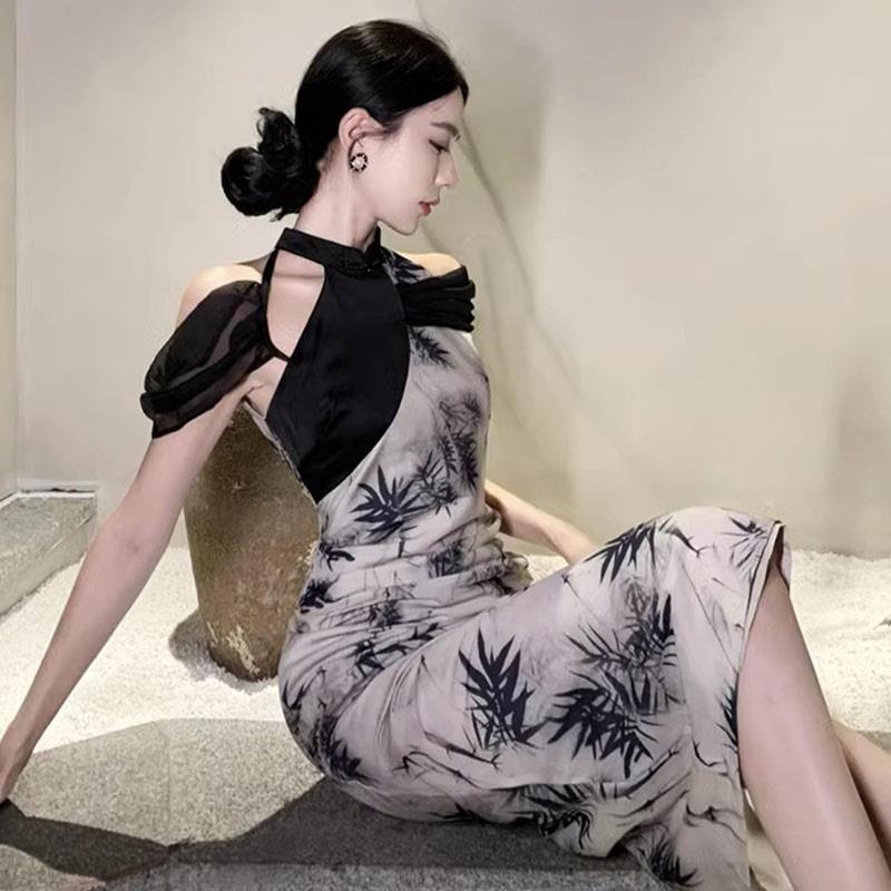 旗袍晚礼服高端轻奢小众小洋装聚会中国风高级感性感露肩连衣裙