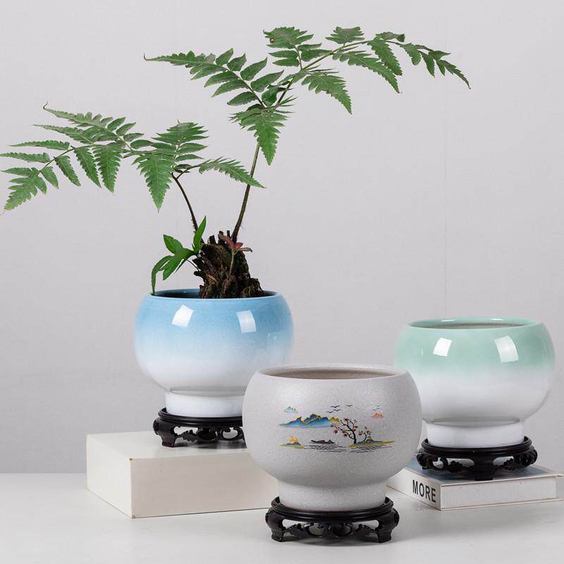 圆形陶瓷花盆大号兰花中国风透气个性带底座绿植绿萝多肉盆景盆栽