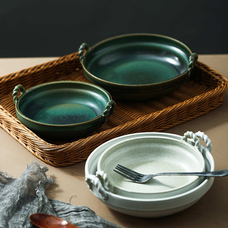 艺隆轩日式麻绳粗陶碗盘复古汤碗米饭汤面碗创意双耳碗盘家用食器