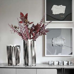 花瓶摆件客厅插花样板房餐桌电视柜创意装 饰北欧轻奢不锈钢花器