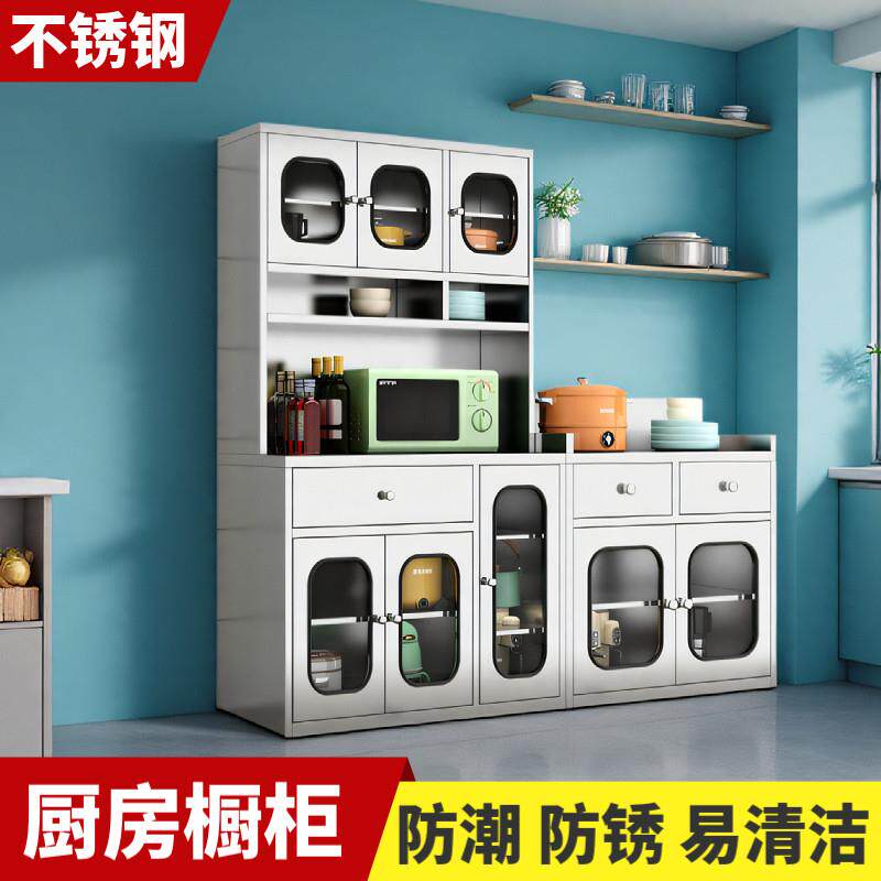 不锈钢厨房整体橱柜落地式多功能餐柜微波炉烤箱收纳柜家用储物柜