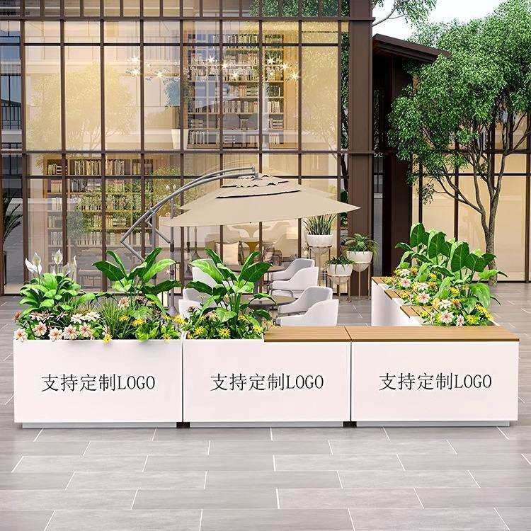 塑木花箱户外不锈钢坐凳组合铁艺花盆摆花坛座椅移动卡座花卉庭院