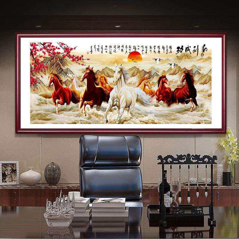 八骏图挂画办公室励志公司中式客厅字画带框马到成功水墨国画牌匾
