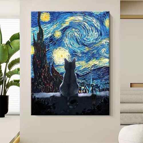 手绘油画高梵星空客厅玄关装饰画通卡猫儿童房YWI卧室头画立体肌