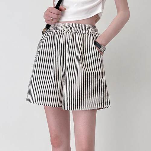 Women Striped Print Pocket Shorts Casual Comfy Drawstring