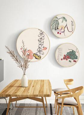 时节佳果新中式圆形餐厅装饰画国风水果客厅壁画原木风挂画