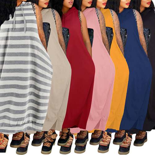 Women Plain Drawstring Hooded Tank Dress Casual Pocket
