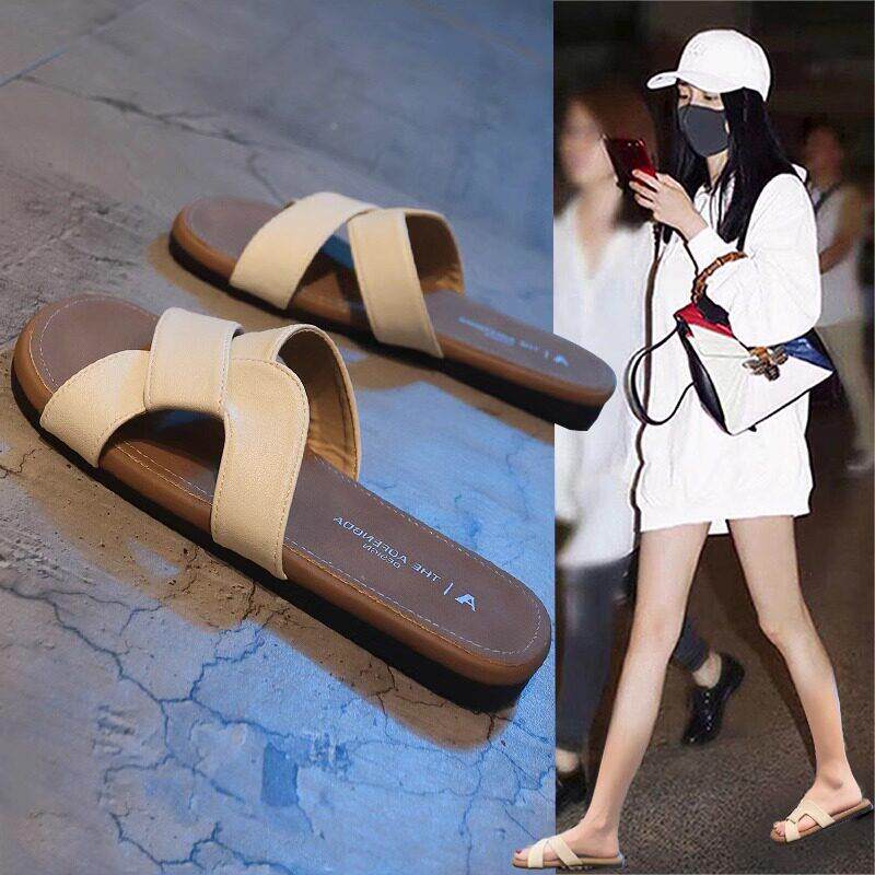 香港真皮交叉拖鞋女夏季外穿2026新款爆款软底平底沙滩凉鞋一字拖