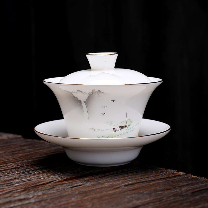 羊脂玉功夫茶120ml泡茶碗白瓷三才盖碗套装家用陶瓷茶具单个茶杯