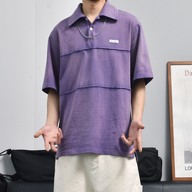 美式复古紫色翻领短袖设计感扎染，做旧毛边条纹t恤小众半袖上衣潮
