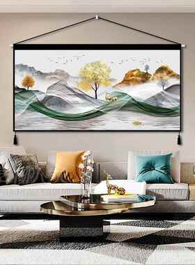 现代简约发财景鹿山水画挂画免布打孔墙背挂厅布卧室房TLI间客装