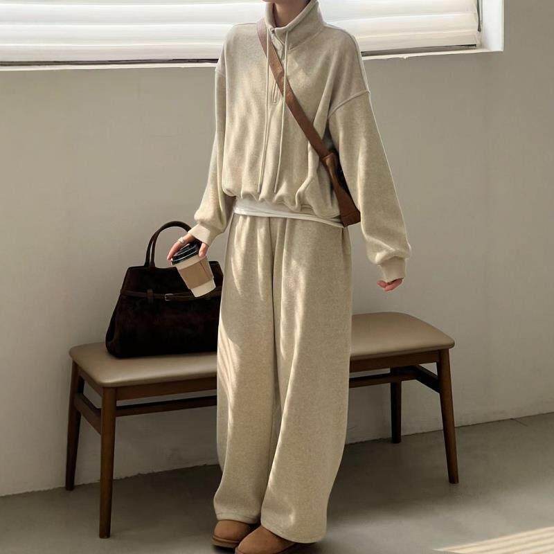 香港慵懒风运动服套装女秋冬加绒加厚宽松时尚羊绒卫衣休闲两件套