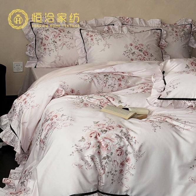 高端轻奢风高支长绒棉四件套全棉纯棉花卉数码印花被套床品粉紫色