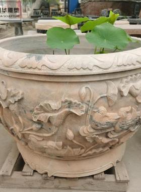 石雕鱼缸花盆天然青石荷花鱼缸庭院别墅户外家用养鱼摆件