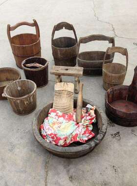 民俗老物件木桶摆件复古怀旧木盆搓衣板洗衣棒小板凳装饰品组合
