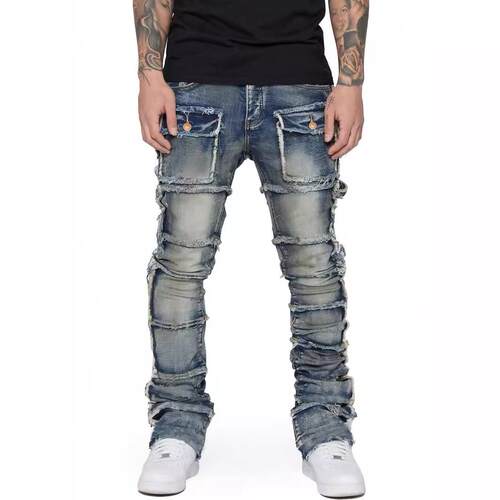 Men's Ripped Skinny Jeans Trouser Elastic Mid-Waist Denim