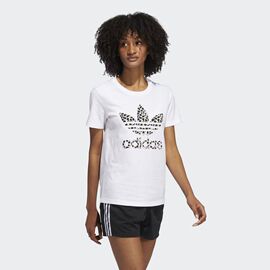 adidas阿迪达斯女短袖，t恤半截袖圆领，豹纹图案修身白色夏季